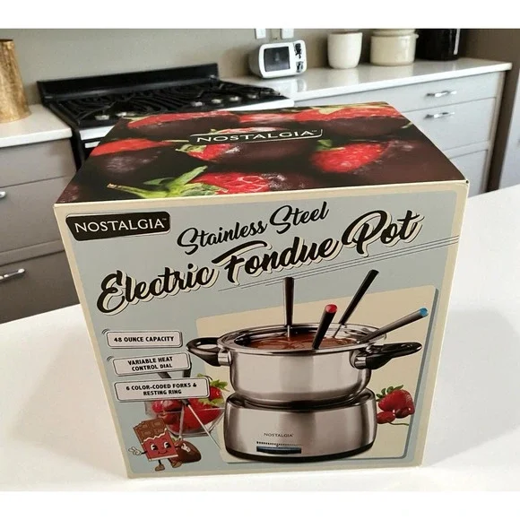 Nostalgia Stainless Steel Electric Fondue Pot 48 oz Heat Control 6 Forks Sealed - Picture 1 of 5
